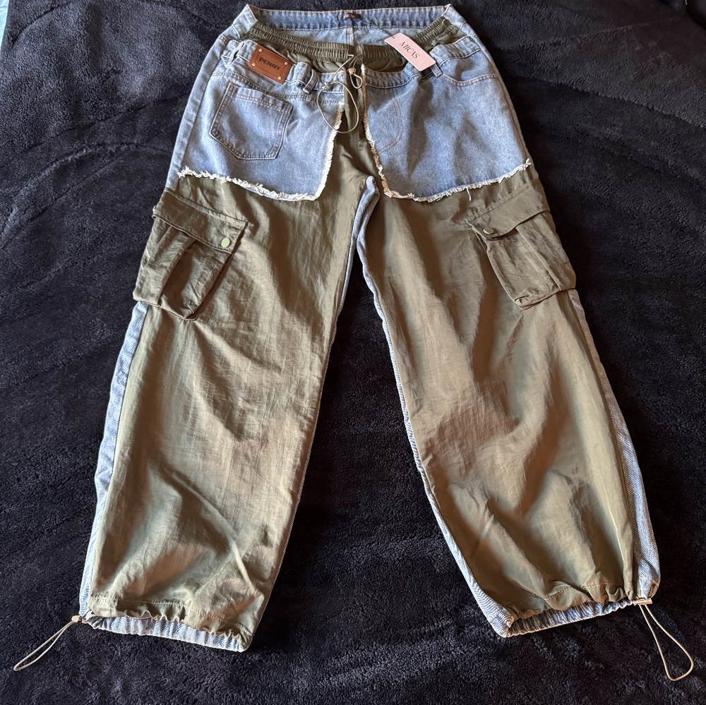 Micas Blue Denim Olive Green Patch Cargo Pants (Brand New With Tag)